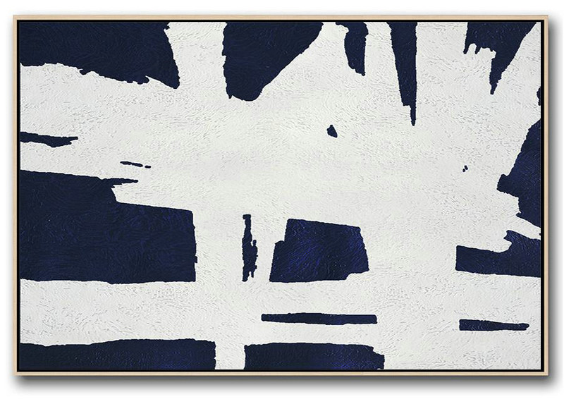 Horizontal Abstract Painting Navy Blue Minimalist Painting On Canvas,Big Canvas Painting #J6L2